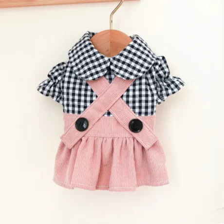 jianjia28 Pet Beathable Clothes Tutu Sleeves Black Grid Cross Overalls Corduroy Dog Skirt Cat Princess Dress