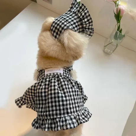 zhongku Ins Style Dog Clothes Pet Korean Monochrome Dress Up Suit Poodle Lattice Sling Dress Free Cap Pure Dog White Shirt
