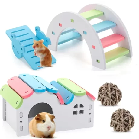 PCTYL36665 Bridge Teeth Care Pet Tooth Chew Toys Hamster House Chew Grass Balls Wooden Rainbow Hamster Toys