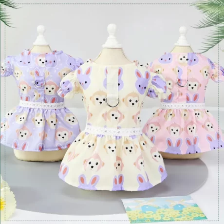 DY Loving Dog Clothes Ladylike Monkey Rabbit Pattern 2 in 1 Dress Harness Ruffle Sleeves Cardigan Dress for Dog Cat ShihTzu within 8kg